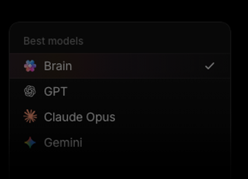 Modellauswahl in ClickUp Brain mit den Einträgen Brain, GPT, Claude Opus und Gemini