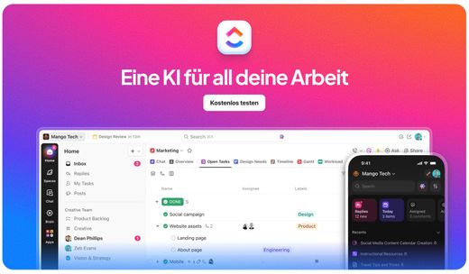 ClickUp-Oberfläche mit der Überschrift "Eine KI für alle deine Arbeit"