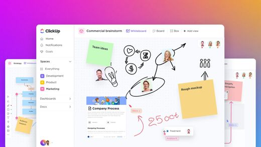 ClickUp Whiteboard-Ansicht mit Mindmap-Elementen und Notizzetteln.